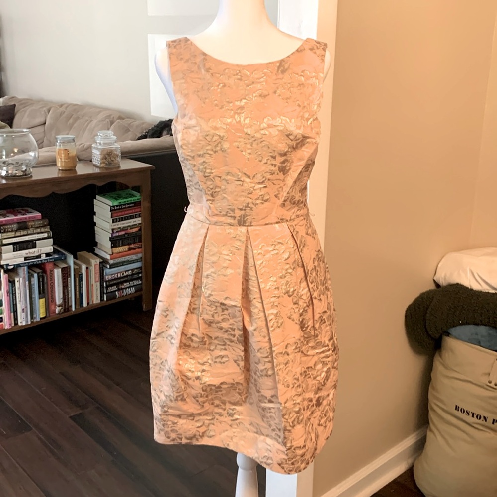 Sleeveless knee length cocktail dress. Peach with gold overlay. Eliza J. Size 4.